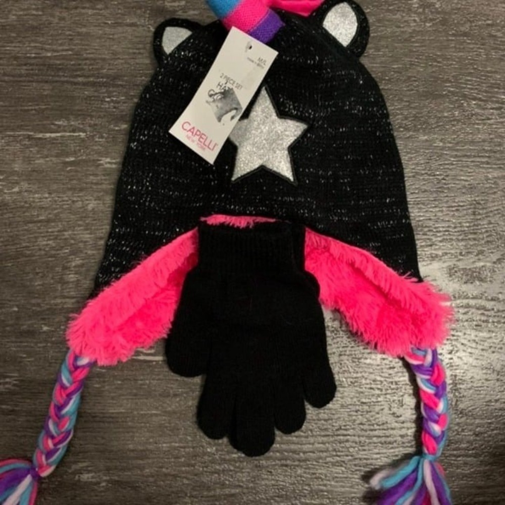 Capelli Girls Hat and Gloves Set Black Fleece Unicorn Star Sparkle M/L‎